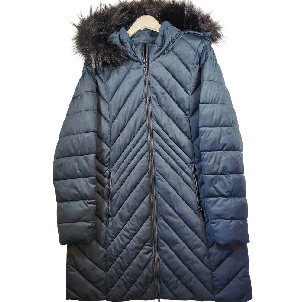 Etage Denmark Womens Long Puffer Coat Faux Fur Hood Blue Chevron parka L/G